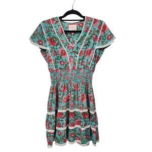 Mare Sea Teal Floral Smocked Tiered Ruffle Cottagecore Anthro Mini Dress Women M